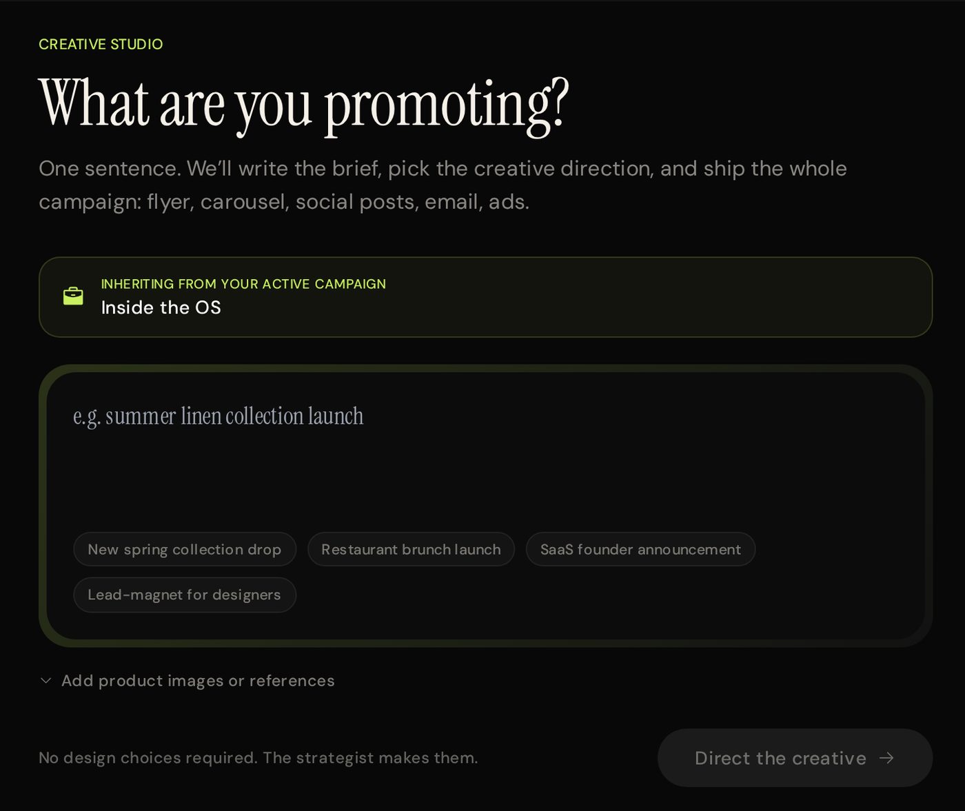 ScalitOS Creative Studio asking what are you promoting, with a one-sentence input and no design choices required